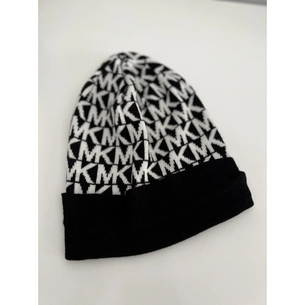 Michael Kors MK Monogram Logo Beanie Hat Black White Cuffed Knit Winter Cap